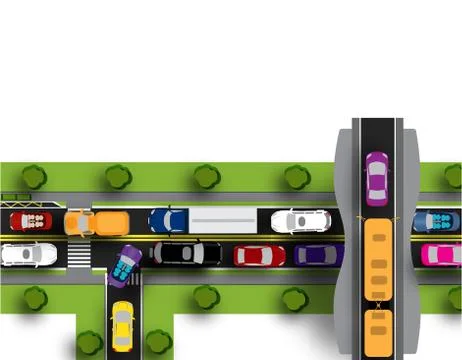 Transport hub with difficult movement. Various cars. Isolated on white back.. Stock Illustration