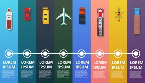 Transport infographic top view vector. Flat bus, ship, truck, train, plane, h Ilustração Stock
