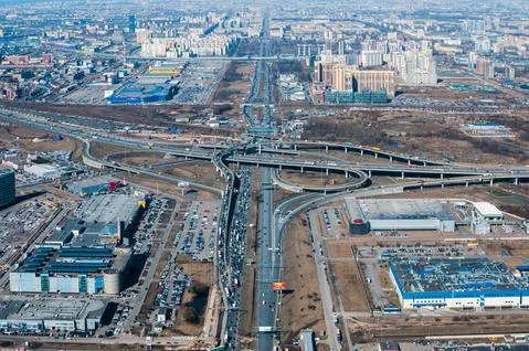 Transport interchange at the intersection of the ring highway with Pulkovskoye Stock Photos