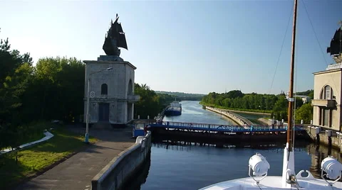 Transport Pasinger Ship run through gateway on Volga river timelapse Stock Footage 41686597