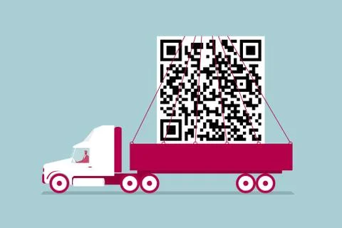 Transport the QR code using the truck. Isolated on blue background. Illustrazione stock