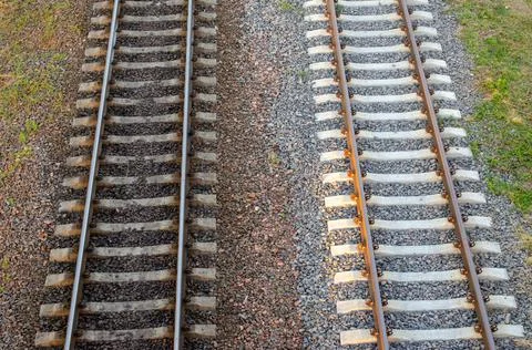 Transport safety concept. Two parallel railways. Vertical and horizontal. Stock Photos