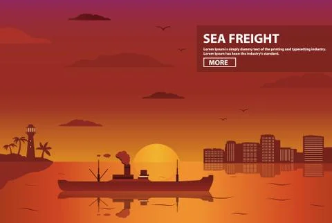 The transport ship against the background of setting the sun. Stock Illustration