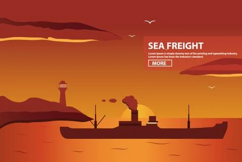 The transport ship against the background of setting the sun. A landscape sea Stockillustratie