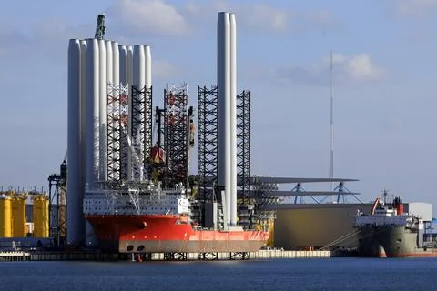 A transport ship for constructing an offshore windpark Stock Photos