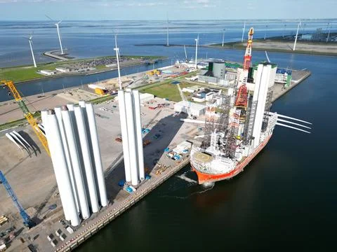A transport ship for constructing an offshore windpark Stock Photos