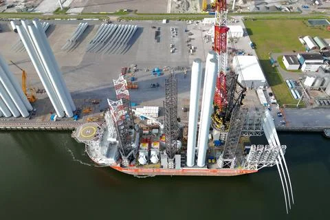 A transport ship for constructing an offshore windpark Stock Photos