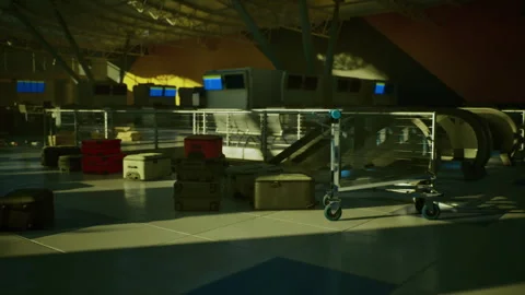 Transport terminal featuring inactive luggage belts and storage units Stock Footage 333992684