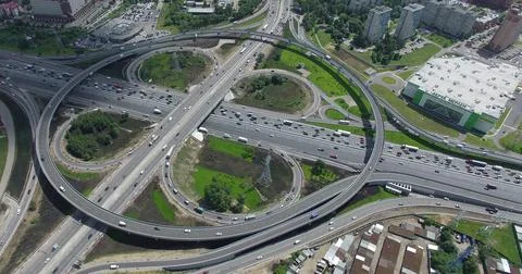 Transport traffic on two level intersection, aerial view 스톡 사진