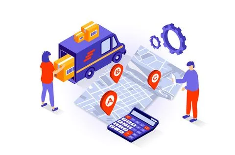 Transportation and logistics concept in 3d isometric design. People loading p Stock Illustration