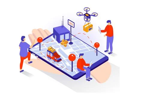 Transportation and logistics concept in 3d isometric design. People work at.. Illustrazione stock
