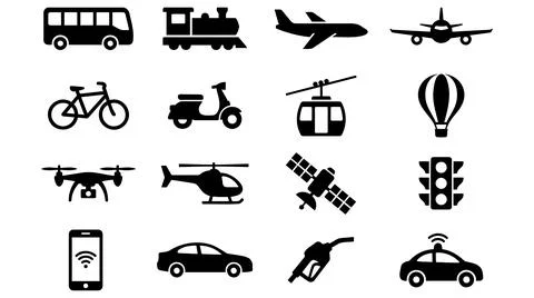 Transportation and technology monochrome icon set for logistics concepts Stock Illustration