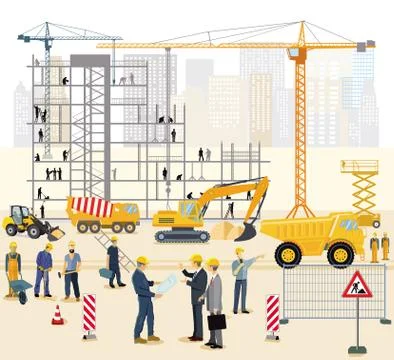 Transportation and workers on the construction site. illustration Stock Illustration