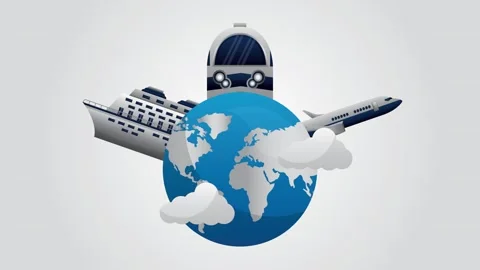 Transportation around the world globe animation with train, ship, and airpl.. Stock Footage 334526941
