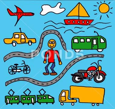Transportation cartoon set all kinds of vehicles Stock Illustration