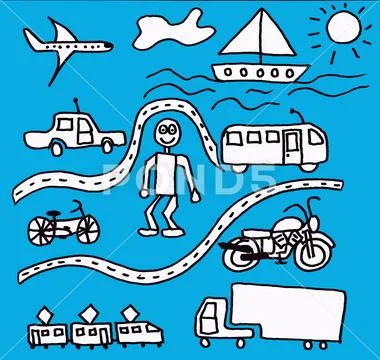 Transportation cartoon set all kinds of vehicles Stock Illustration