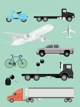 Transportation collection truck suv plane airplane trailer motor and bike Stock Illustration