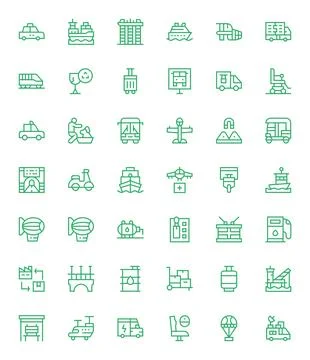 Transportation Detail Enhanced Vector Set with 42 256x256 Regular Line Icons Stock Illustration