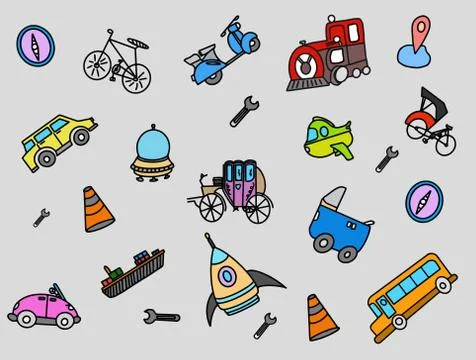 Transportation doodle with color full object vector Stock Illustration