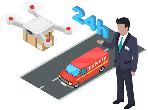 Transportation of goods by air using modern flying equipment. Parcel delivery Illustrazione stock