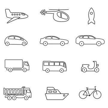 Transportation icon set. Vector outline illustration: car, airplane, bike, ship  Stock Illustration