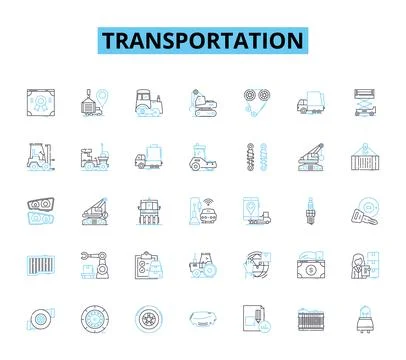 Transportation linear icons set. Car, Bike, Train, Bus, Plane, Ferry, Helicopter Illustrazione stock