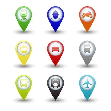 Transportation Location Icons Set. Vector Color Map Pins with Car, Bus, Train Stock Illustration