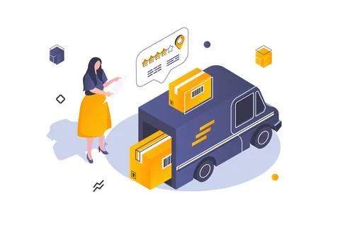 Transportation logistics concept in 3d isometric design. Woman using delivery Stock Illustration