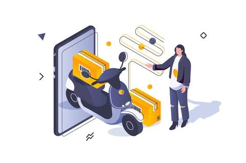 Transportation logistics concept in 3d isometric design. Woman using delivery Stock Illustration