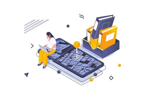 Transportation logistics concept in 3d isometric design. Woman uses deliver.. Stock Illustration