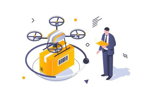 Transportation logistics concept in 3d isometric design. Man uses drone fly.. Illustrazione stock