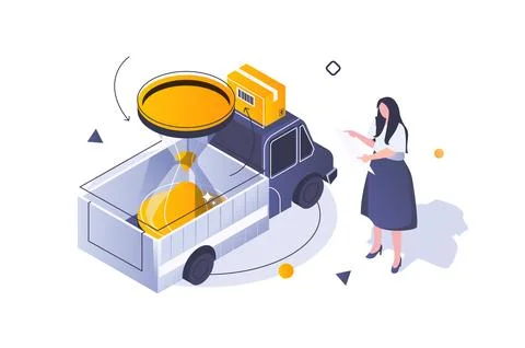 Transportation logistics concept in 3d isometric design. Woman ordering car.. Illustrazione stock