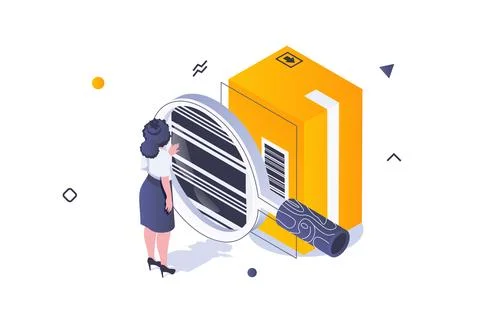Transportation logistics concept in 3d isometric design. Woman prepares box.. Stock Illustration