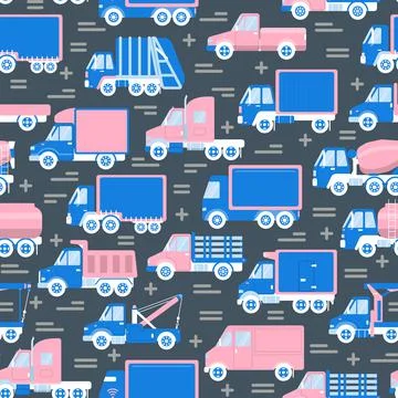 Transportation seamless pattern with different types of trucks in flat style Stock Illustration
