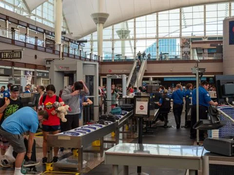 Transportation Security Administration TSA agents manage a security checkpoint Stock Photos