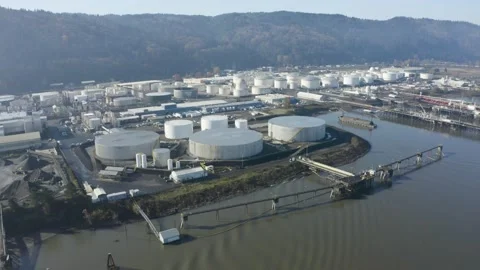 Transportation Ship Loading at a Fuel Depot in Portland Oregon Industrial area Stock Footage 145054784
