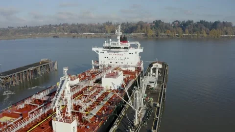 Transportation Ship Loading at a Fuel Depot in Portland Oregon Industrial area Stock Footage 145056467