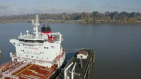 Transportation Ship Loading at a Fuel Depot in Portland Oregon Industrial area Stock Footage 145057372