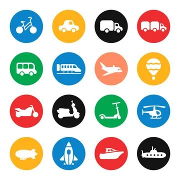 Transportation vector icon set. Collection of vehicles in trendy modern colours. Stock Illustration