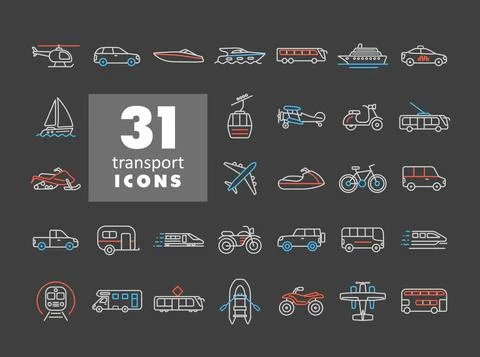 Transportation vector icon set on dark background Illustrazione stock
