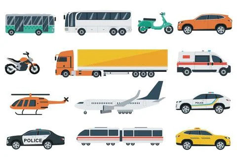 Transports set graphic elements in flat design. Bundle of bus, motorbike, car Stock Illustration