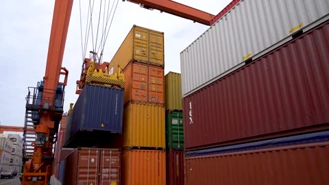 Transtainer Crane Moves Shipping Container to Storage Platform in 4K Video Stock Footage 317929548