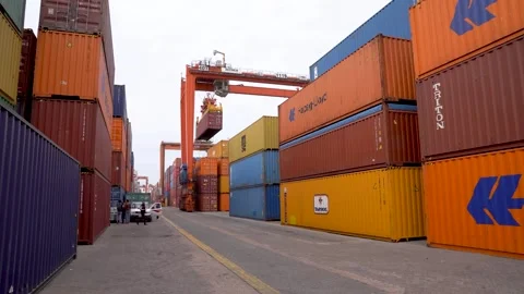 Transtainer Crane Transporting Shipping Container to Storage Platform in 4K Stock Footage 317929986