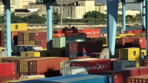 Transtainer yard with stacks of Shipping Containers Vídeos de archivo 246781297