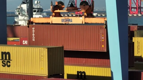Transtainer yard with stacks of Shipping Containers Stockbeeldmateriaal 246918093