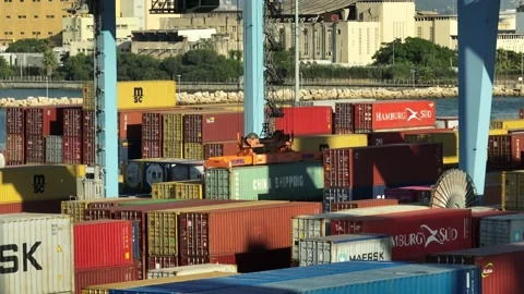 Transtainer yard with stacks of Shipping Containers Stockbeeldmateriaal 246918493