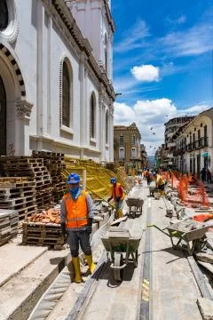 Transvia (light rail) construction on Gran Columbia in Cuenca, Ecuador Stock Photos