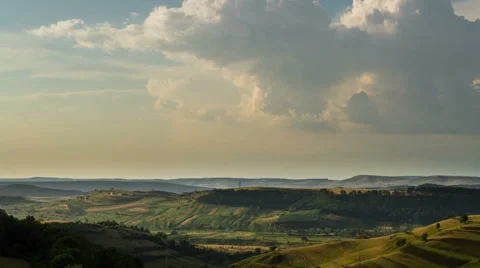 Transylvania hills patchwork fields cummulus HD Video stock 40431534