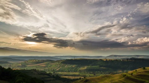 Transylvania hills patchwork fields dramatic sky HD 動画素材 40431548