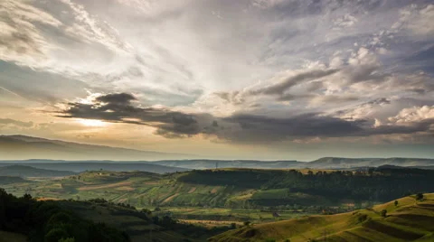 Transylvania hills patchwork fields dramatic sky 4K 库存影片 40431595